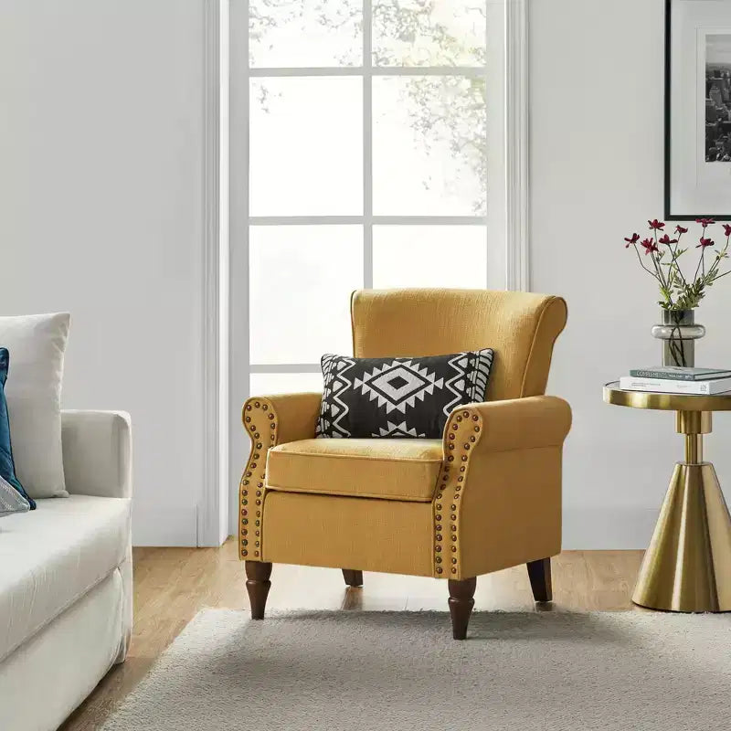 Upholstered Armchair with Solid Wood Legs, Mustard