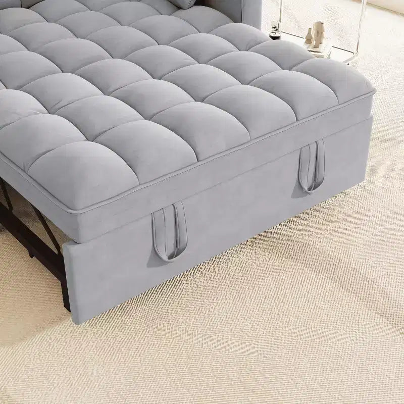 Velvet Sleeper Sofa with Pull-Out Bed, Side Pockets & Pillows for Small Spaces, Light Gray