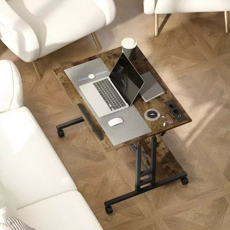 Adjustable Standing Desk with Power Outlets, Tiltable Tabletop, Wheels & Shelf