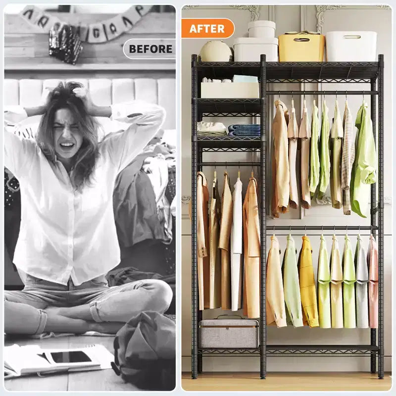 Heavy Duty Clothes Rack with 4 Tiers Shelves, Freestanding Portable Closet, Adjustable Clothing Storage Rack, Supports Up to 850 LBS