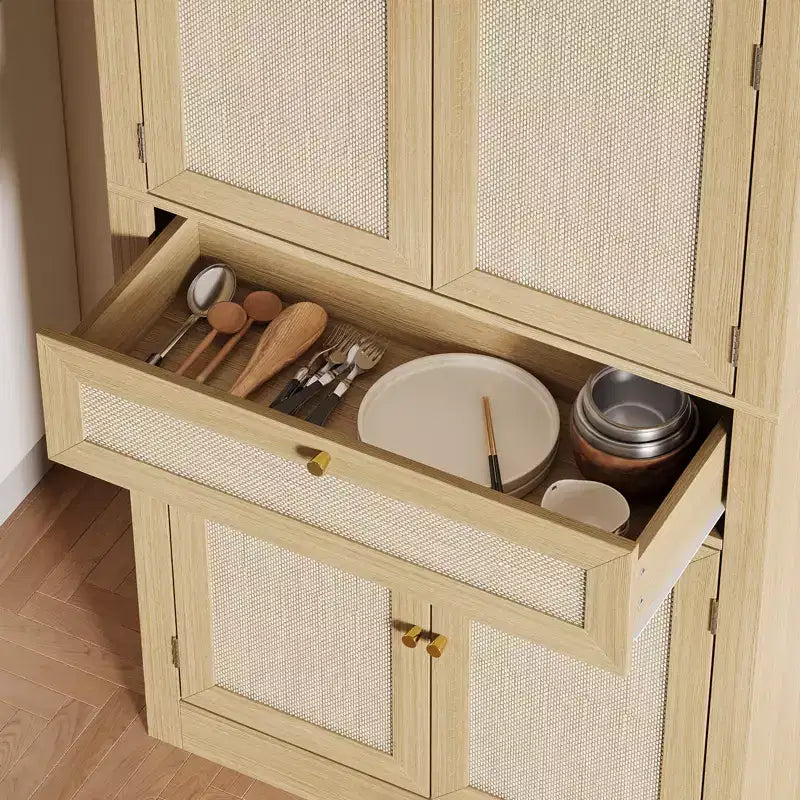 Wicker Food Storage Cabinet with one drawer, two cabinets, and four adjustable shelves. Ideal for living rooms, kitchens, and laundry rooms.