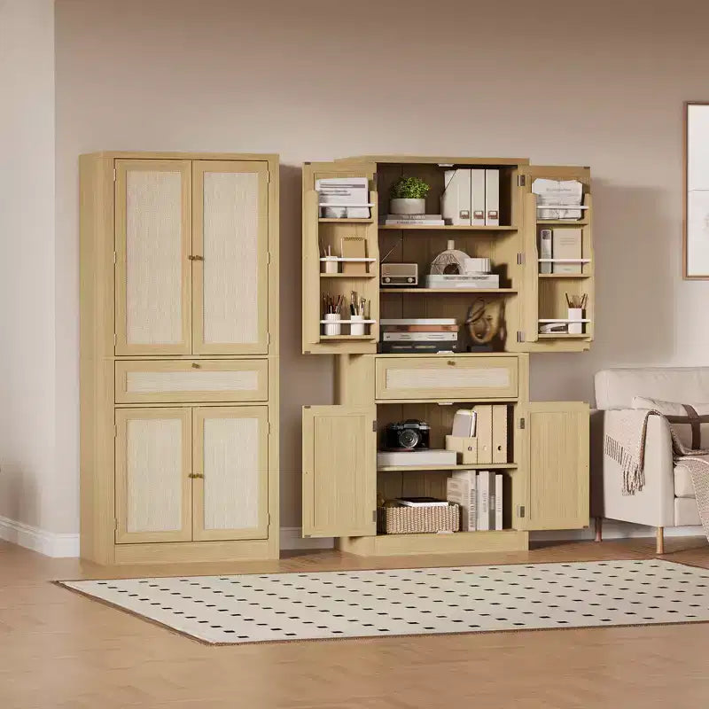 Wicker Food Storage Cabinet with one drawer, two cabinets, and four adjustable shelves. Ideal for living rooms, kitchens, and laundry rooms.