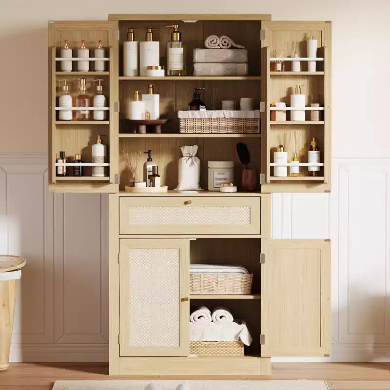 Wicker Food Storage Cabinet with one drawer, two cabinets, and four adjustable shelves. Ideal for living rooms, kitchens, and laundry rooms.