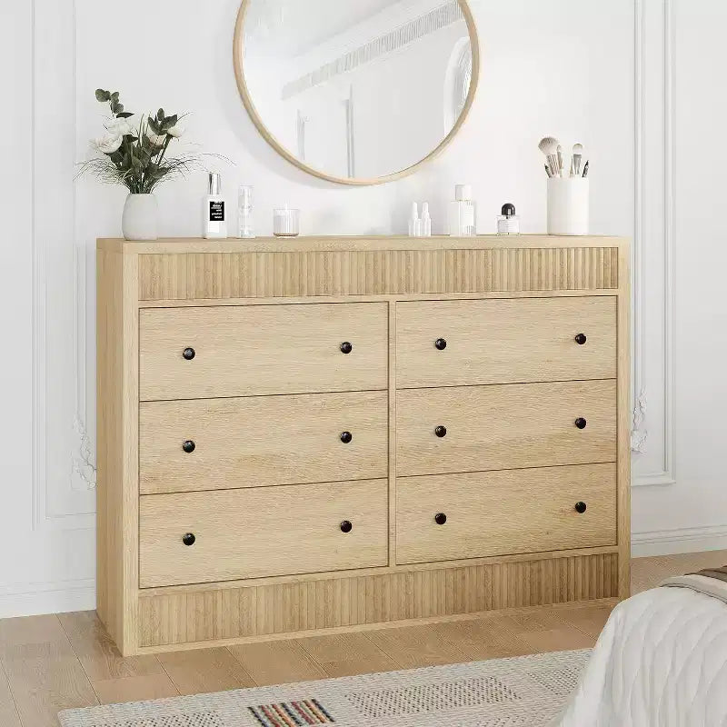 6-Drawer Dresser with Wooden Fluted Design, Modern Oak Chest of Drawers, Storage Organizer for Bedroom, Living Room, Hallway, Entryway, Natural Oak