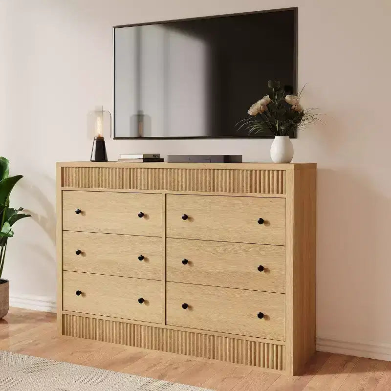 6-Drawer Dresser with Wooden Fluted Design, Modern Oak Chest of Drawers, Storage Organizer for Bedroom, Living Room, Hallway, Entryway, Natural Oak