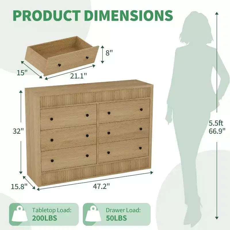 6-Drawer Dresser with Wooden Fluted Design, Modern Oak Chest of Drawers, Storage Organizer for Bedroom, Living Room, Hallway, Entryway, Natural Oak