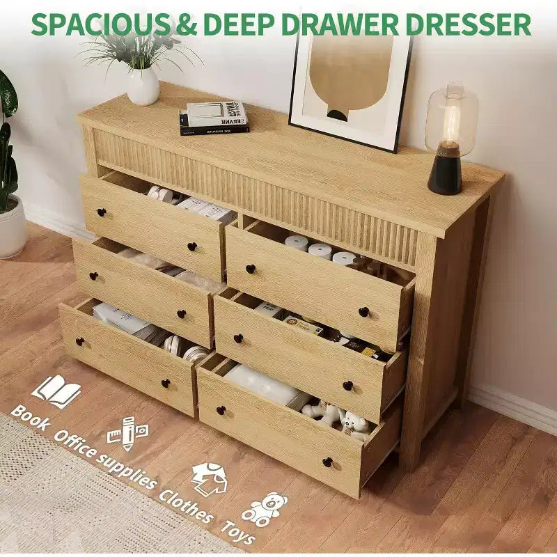 6-Drawer Dresser with Wooden Fluted Design, Modern Oak Chest of Drawers, Storage Organizer for Bedroom, Living Room, Hallway, Entryway, Natural Oak