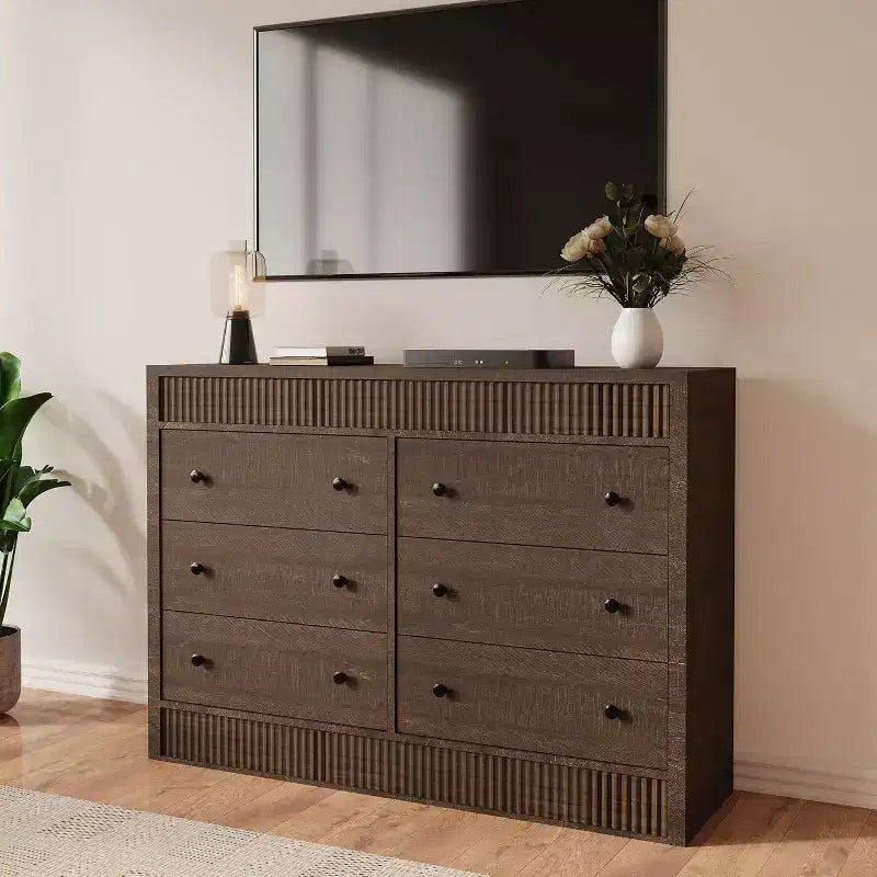6-Drawer Dresser with Wooden Fluted Design, Modern Oak Chest of Drawers, Storage Organizer for Bedroom, Living Room, Hallway, Entryway, Natural Oak