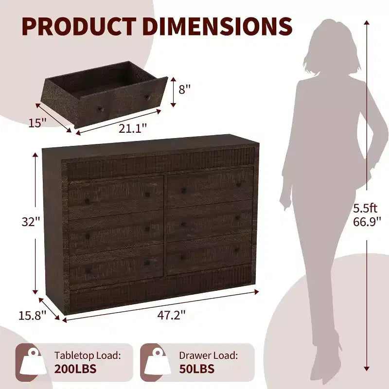 6-Drawer Dresser with Wooden Fluted Design, Modern Oak Chest of Drawers, Storage Organizer for Bedroom, Living Room, Hallway, Entryway, Natural Oak