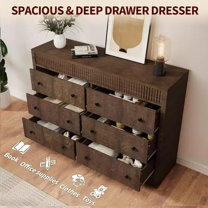6-Drawer Dresser with Wooden Fluted Design, Modern Oak Chest of Drawers, Storage Organizer for Bedroom, Living Room, Hallway, Entryway, Natural Oak