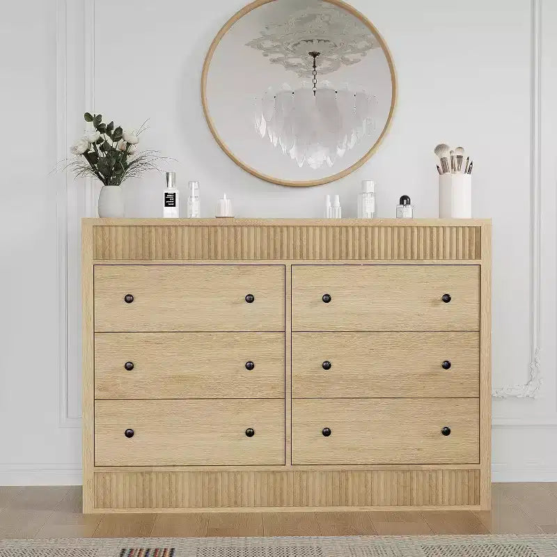 6-Drawer Dresser with Wooden Fluted Design, Modern Oak Chest of Drawers, Storage Organizer for Bedroom, Living Room, Hallway, Entryway, Natural Oak