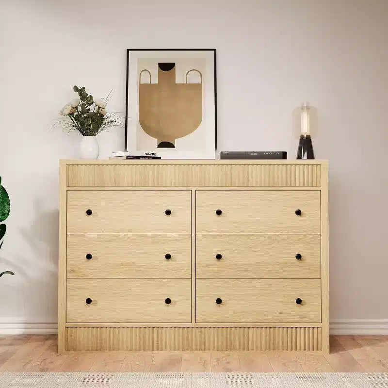 6-Drawer Dresser with Wooden Fluted Design, Modern Oak Chest of Drawers, Storage Organizer for Bedroom, Living Room, Hallway, Entryway, Natural Oak