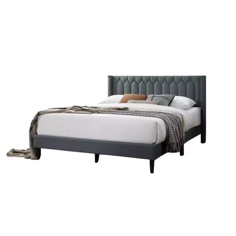Royal Hampton Queen Size Bed, Geometric Stitched Charcoal Gray Burlap Upholstery