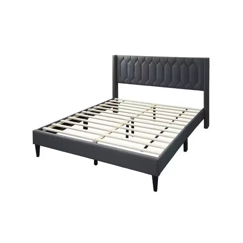 Royal Hampton Queen Size Bed, Geometric Stitched Charcoal Gray Burlap Upholstery