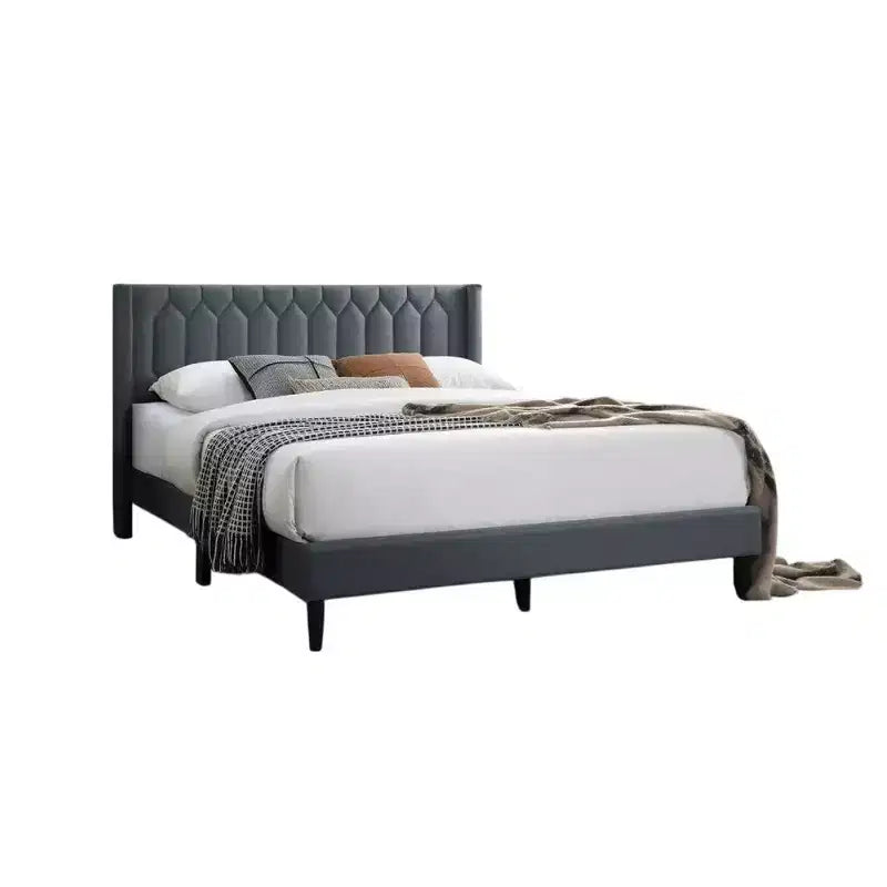 Royal Hampton Queen Size Bed, Geometric Stitched Charcoal Gray Burlap Upholstery