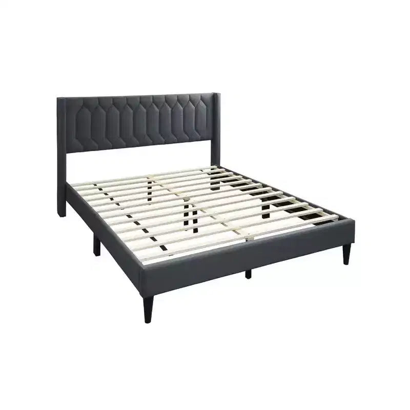 Royal Hampton Queen Size Bed, Geometric Stitched Charcoal Gray Burlap Upholstery