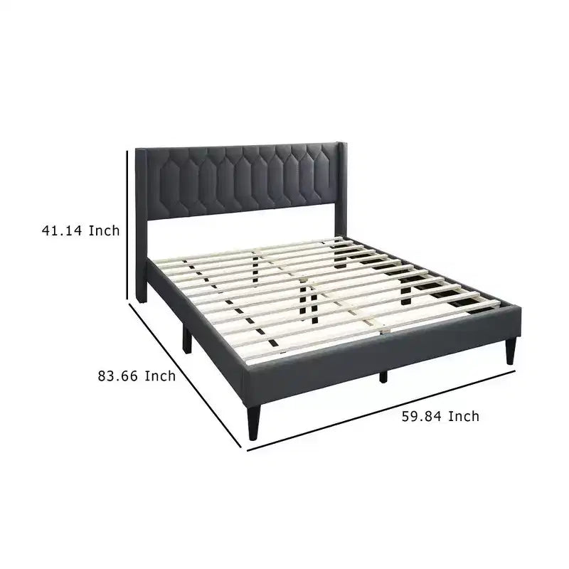 Royal Hampton Queen Size Bed, Geometric Stitched Charcoal Gray Burlap Upholstery