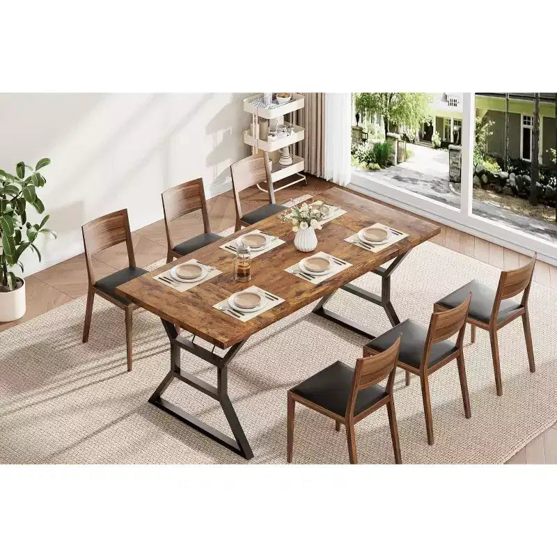 Rectangular Dining Table for 6 People, Kitchen Tables with Extra Heavy Duty Metal Legs, Retro Brown