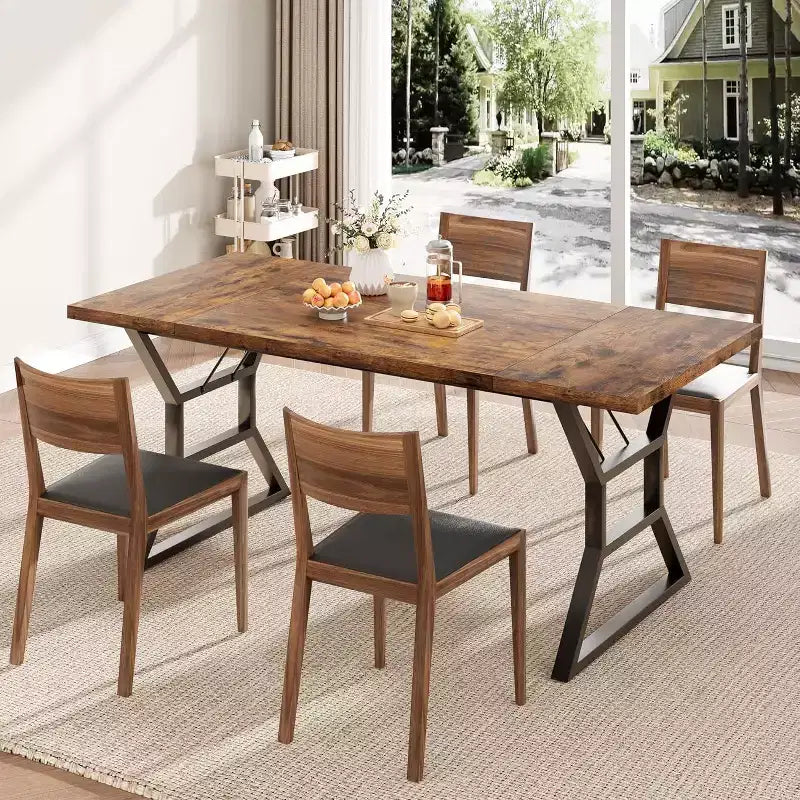 Rectangular Dining Table for 6 People, Kitchen Tables with Extra Heavy Duty Metal Legs, Retro Brown