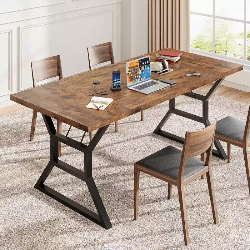 Rectangular Dining Table for 6 People, Kitchen Tables with Extra Heavy Duty Metal Legs, Retro Brown