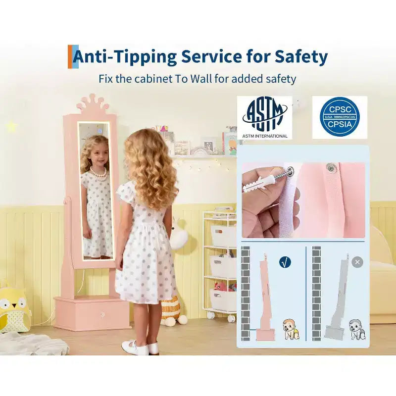 46 Kids Jewelry Cabinet with Full-Length Mirror, Storage Drawers and Jewelry Armoire for Kids Bithday