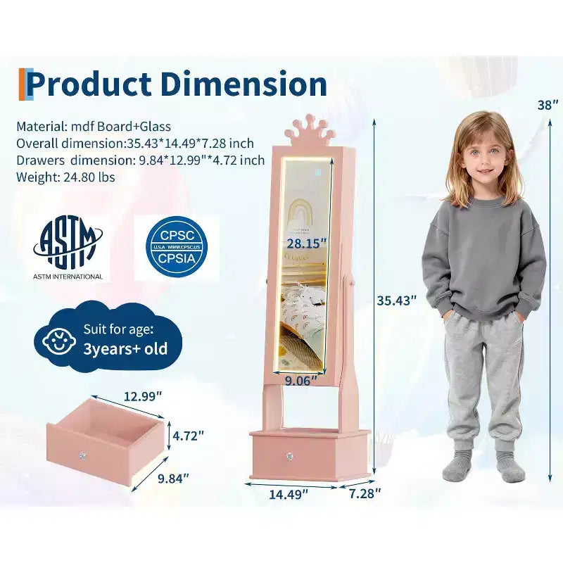 46 Kids Jewelry Cabinet with Full-Length Mirror, Storage Drawers and Jewelry Armoire for Kids Bithday