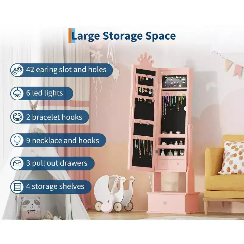 46 Kids Jewelry Cabinet with Full-Length Mirror, Storage Drawers and Jewelry Armoire for Kids Bithday