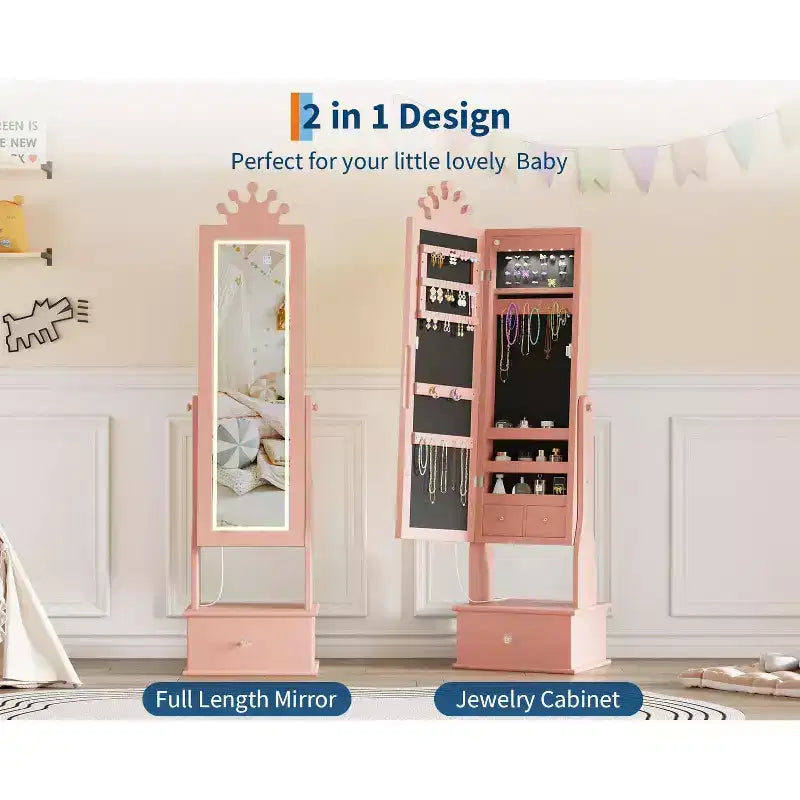 46 Kids Jewelry Cabinet with Full-Length Mirror, Storage Drawers and Jewelry Armoire for Kids Bithday