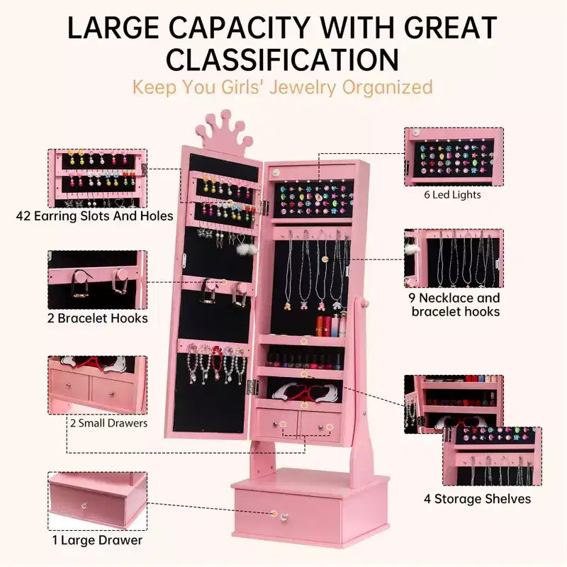 46 Kids Jewelry Cabinet with Full-Length Mirror, Storage Drawers and Jewelry Armoire for Kids Bithday