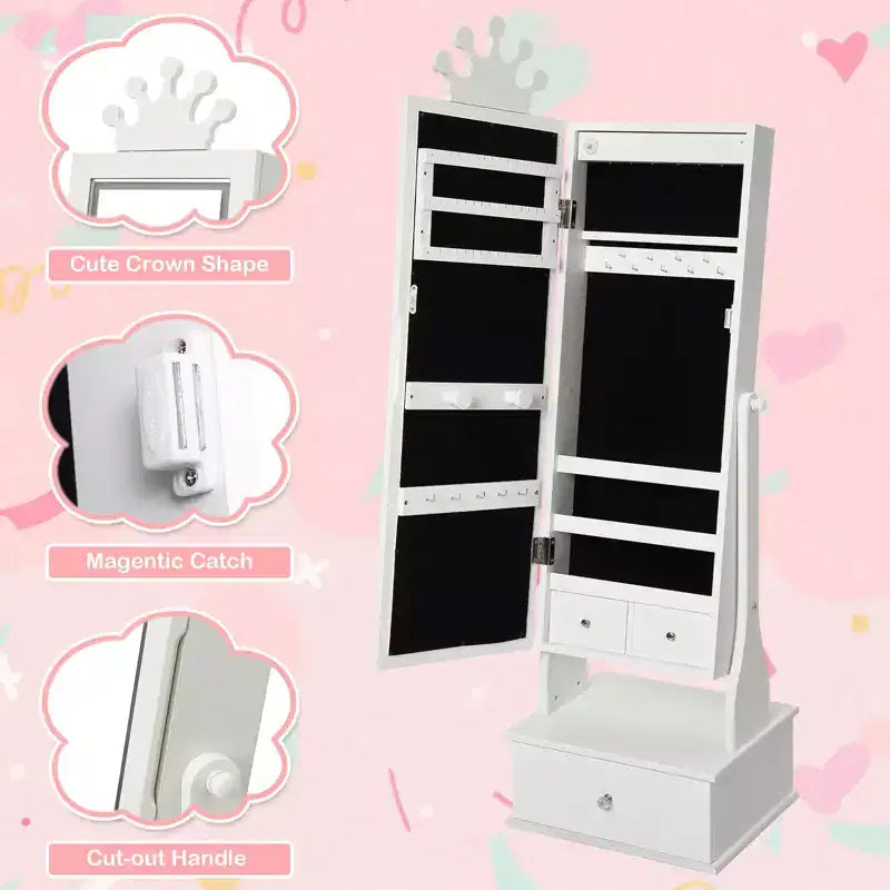 46 Kids Jewelry Cabinet with Full-Length Mirror, Storage Drawers and Jewelry Armoire for Kids Bithday
