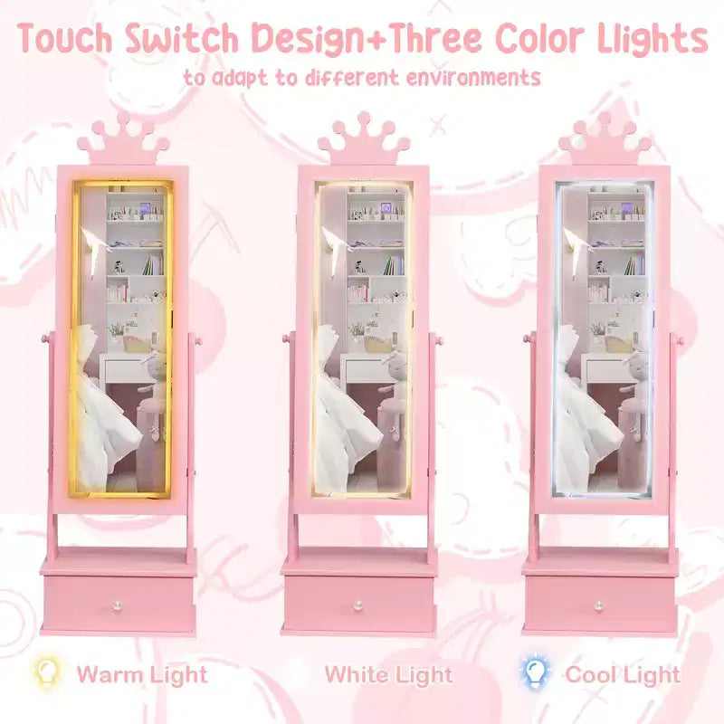 46 Kids Jewelry Cabinet with Full-Length Mirror, Storage Drawers and Jewelry Armoire for Kids Bithday