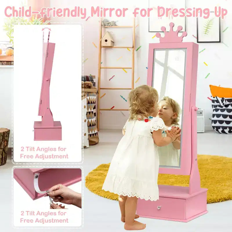 46 Kids Jewelry Cabinet with Full-Length Mirror, Storage Drawers and Jewelry Armoire for Kids Bithday