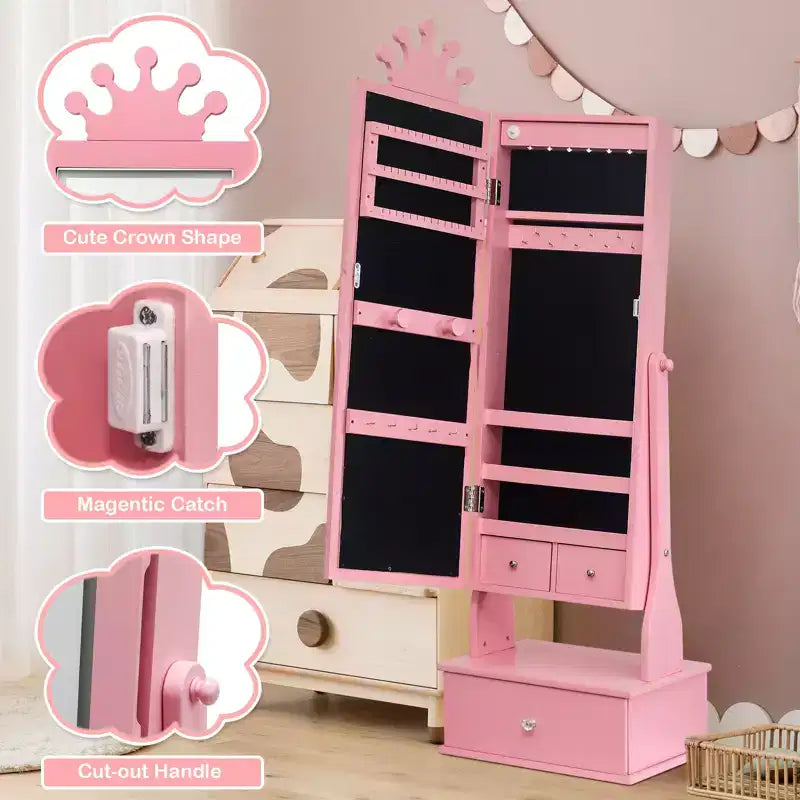46 Kids Jewelry Cabinet with Full-Length Mirror, Storage Drawers and Jewelry Armoire for Kids Bithday