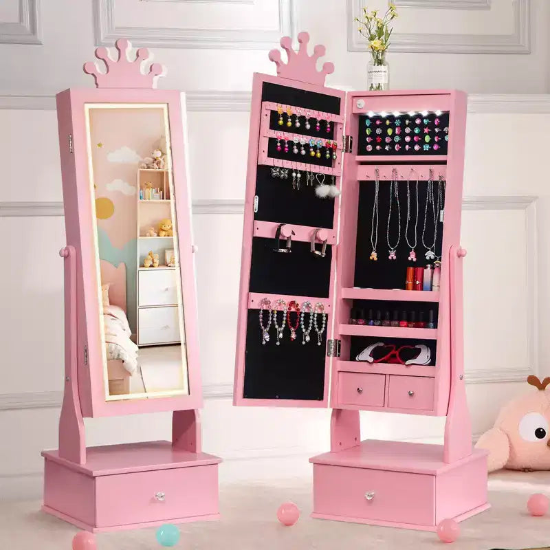 46 Kids Jewelry Cabinet with Full-Length Mirror, Storage Drawers and Jewelry Armoire for Kids Bithday