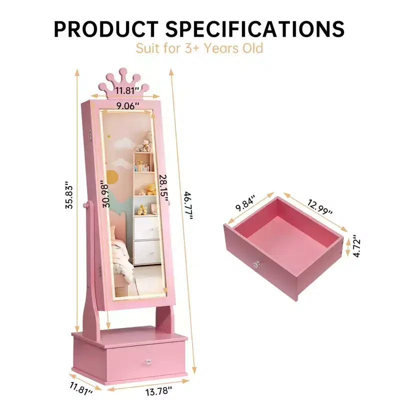 46 Kids Jewelry Cabinet with Full-Length Mirror, Storage Drawers and Jewelry Armoire for Kids Bithday
