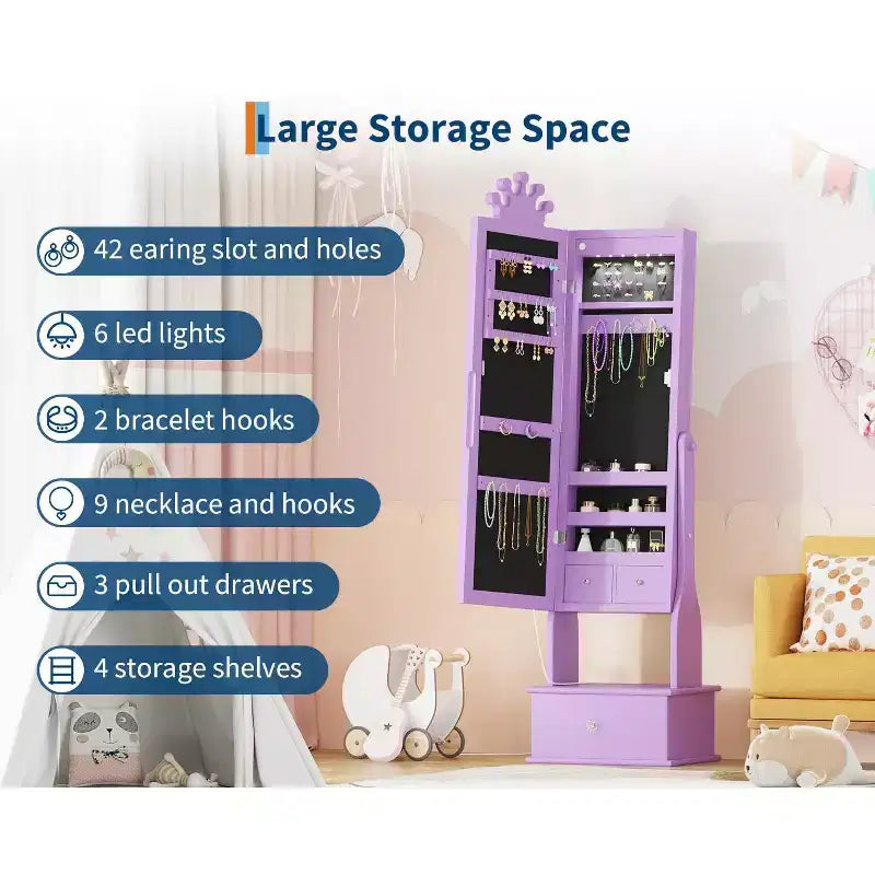 46 Kids Jewelry Cabinet with Full-Length Mirror, Storage Drawers and Jewelry Armoire for Kids Bithday
