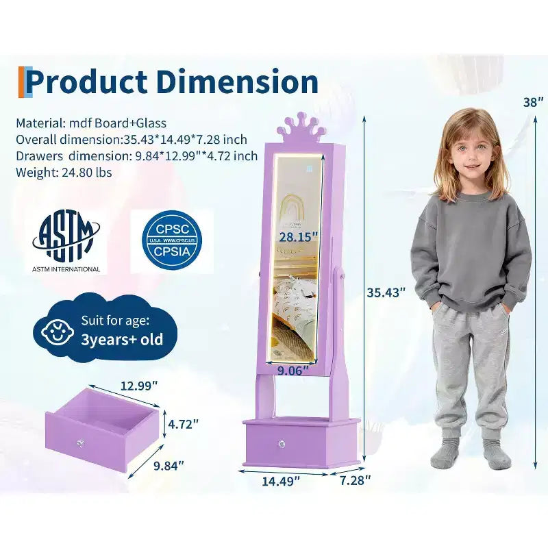 46 Kids Jewelry Cabinet with Full-Length Mirror, Storage Drawers and Jewelry Armoire for Kids Bithday
