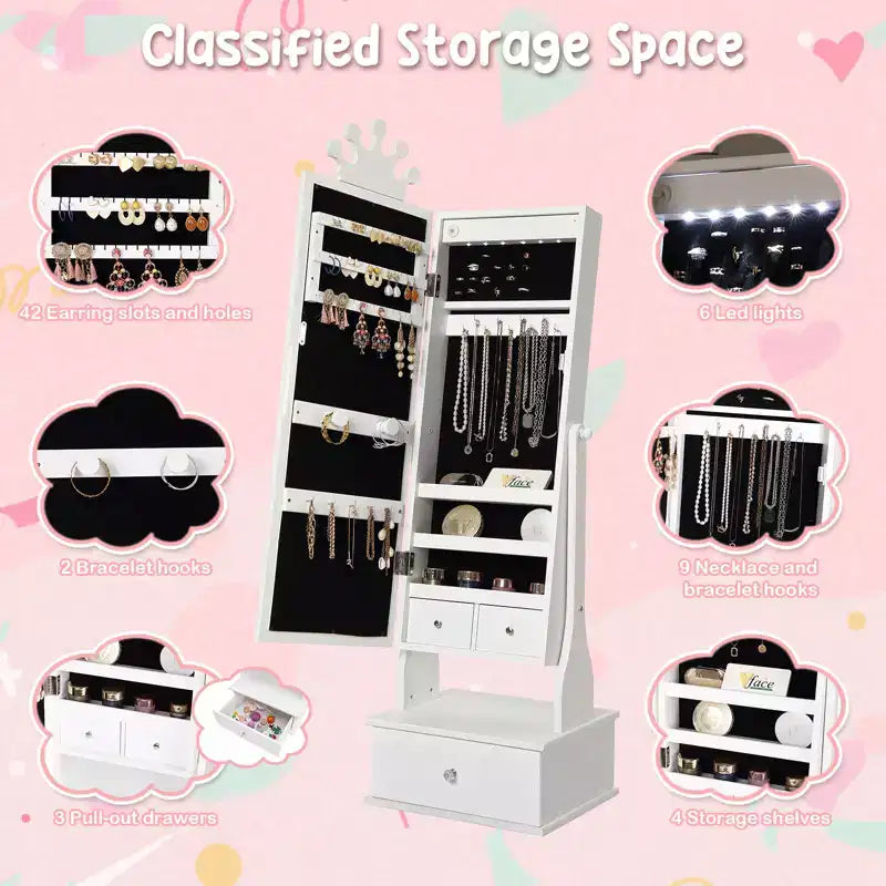 46 Kids Jewelry Cabinet with Full-Length Mirror, Storage Drawers and Jewelry Armoire for Kids Bithday