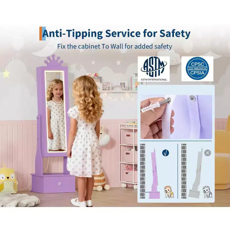 46 Kids Jewelry Cabinet with Full-Length Mirror, Storage Drawers and Jewelry Armoire for Kids Bithday