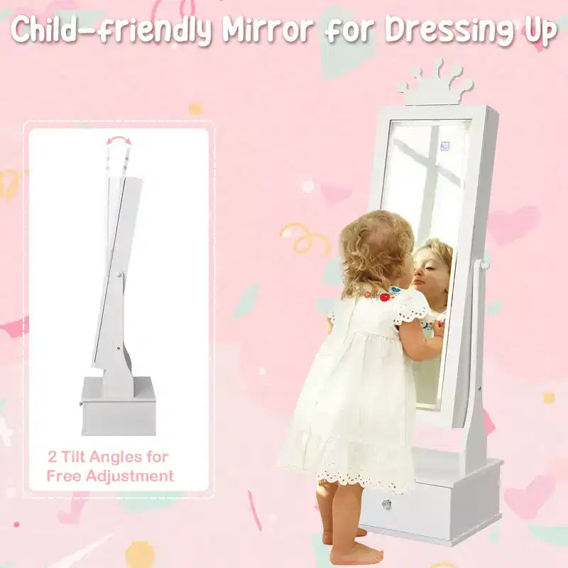 46 Kids Jewelry Cabinet with Full-Length Mirror, Storage Drawers and Jewelry Armoire for Kids Bithday
