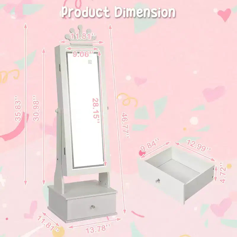 46 Kids Jewelry Cabinet with Full-Length Mirror, Storage Drawers and Jewelry Armoire for Kids Bithday