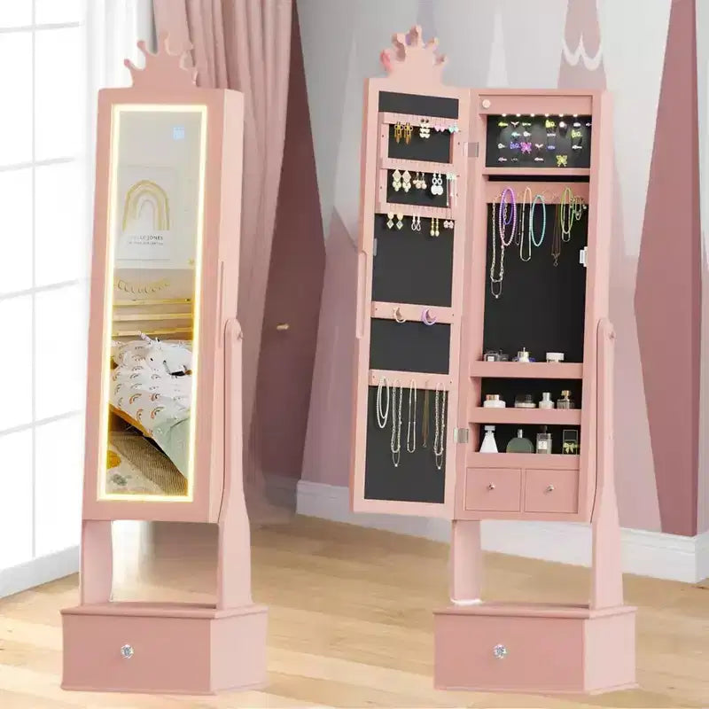 46 Kids Jewelry Cabinet with Full-Length Mirror, Storage Drawers and Jewelry Armoire for Kids Bithday