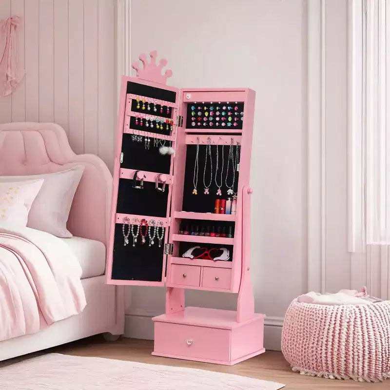 46 Kids Jewelry Cabinet with Full-Length Mirror, Storage Drawers and Jewelry Armoire for Kids Bithday