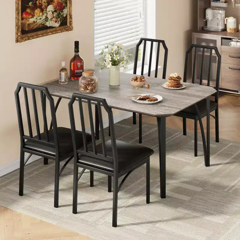 Dining Table, Industrial Modern Wood Farmhouse Square Kitchen Table with Upholstered Chairs, Dining Room Furniture