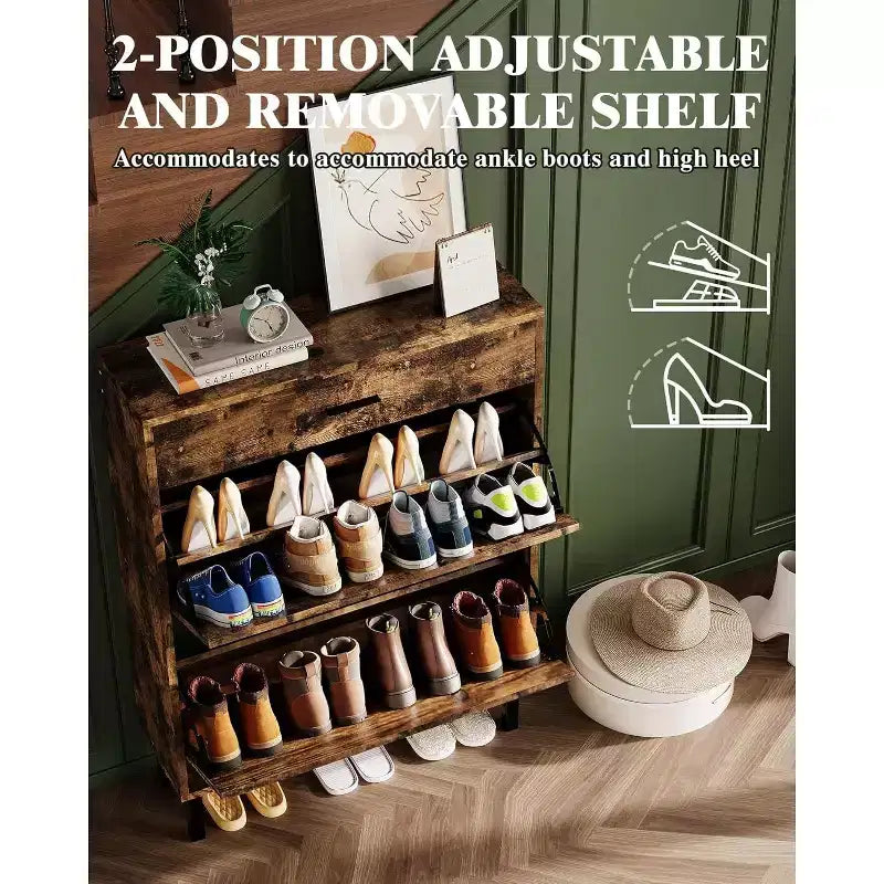 Shoe Cabinet Storage for Entryway Ultra Slim with 2 Flip &1Drop-Down Drawers, Narrow Shoe Cabinet,Freestanding Modern Wood Shoes Organizer