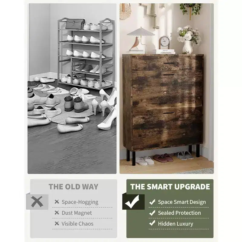 Shoe Cabinet Storage for Entryway Ultra Slim with 2 Flip &1Drop-Down Drawers, Narrow Shoe Cabinet,Freestanding Modern Wood Shoes Organizer