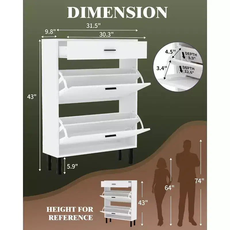 Shoe Cabinet Storage for Entryway Ultra Slim with 2 Flip &1Drop-Down Drawers, Narrow Shoe Cabinet,Freestanding Modern Wood Shoes Organizer