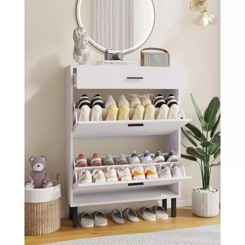 Shoe Cabinet Storage for Entryway Ultra Slim with 2 Flip &1Drop-Down Drawers, Narrow Shoe Cabinet,Freestanding Modern Wood Shoes Organizer