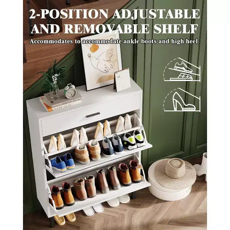 Shoe Cabinet Storage for Entryway Ultra Slim with 2 Flip &1Drop-Down Drawers, Narrow Shoe Cabinet,Freestanding Modern Wood Shoes Organizer