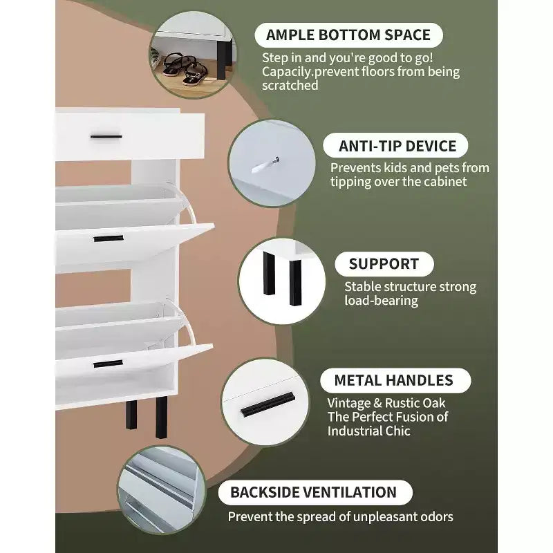 Shoe Cabinet Storage for Entryway Ultra Slim with 2 Flip &1Drop-Down Drawers, Narrow Shoe Cabinet,Freestanding Modern Wood Shoes Organizer